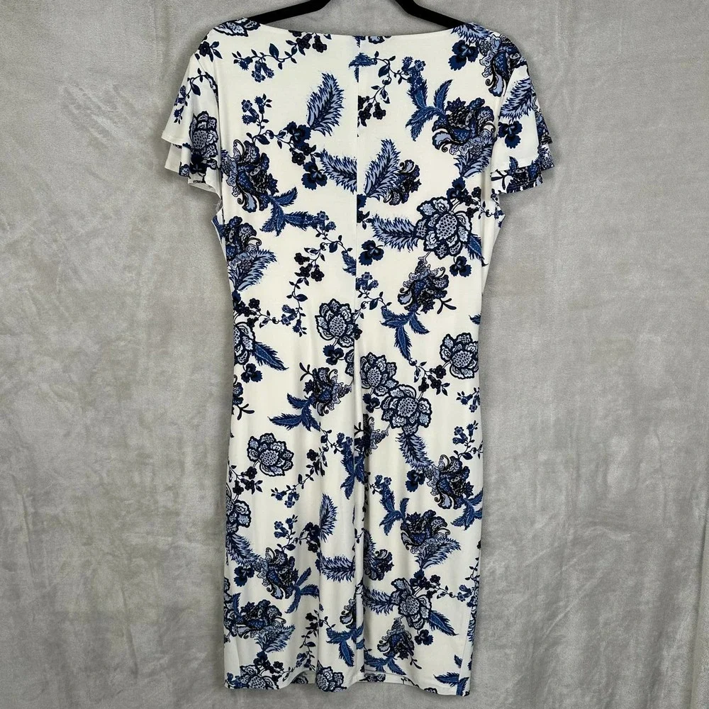 Ralph Lauren LRL Dress Womens 12 Blue Floral Faux Wrap Ruffle Sleeve Office_7